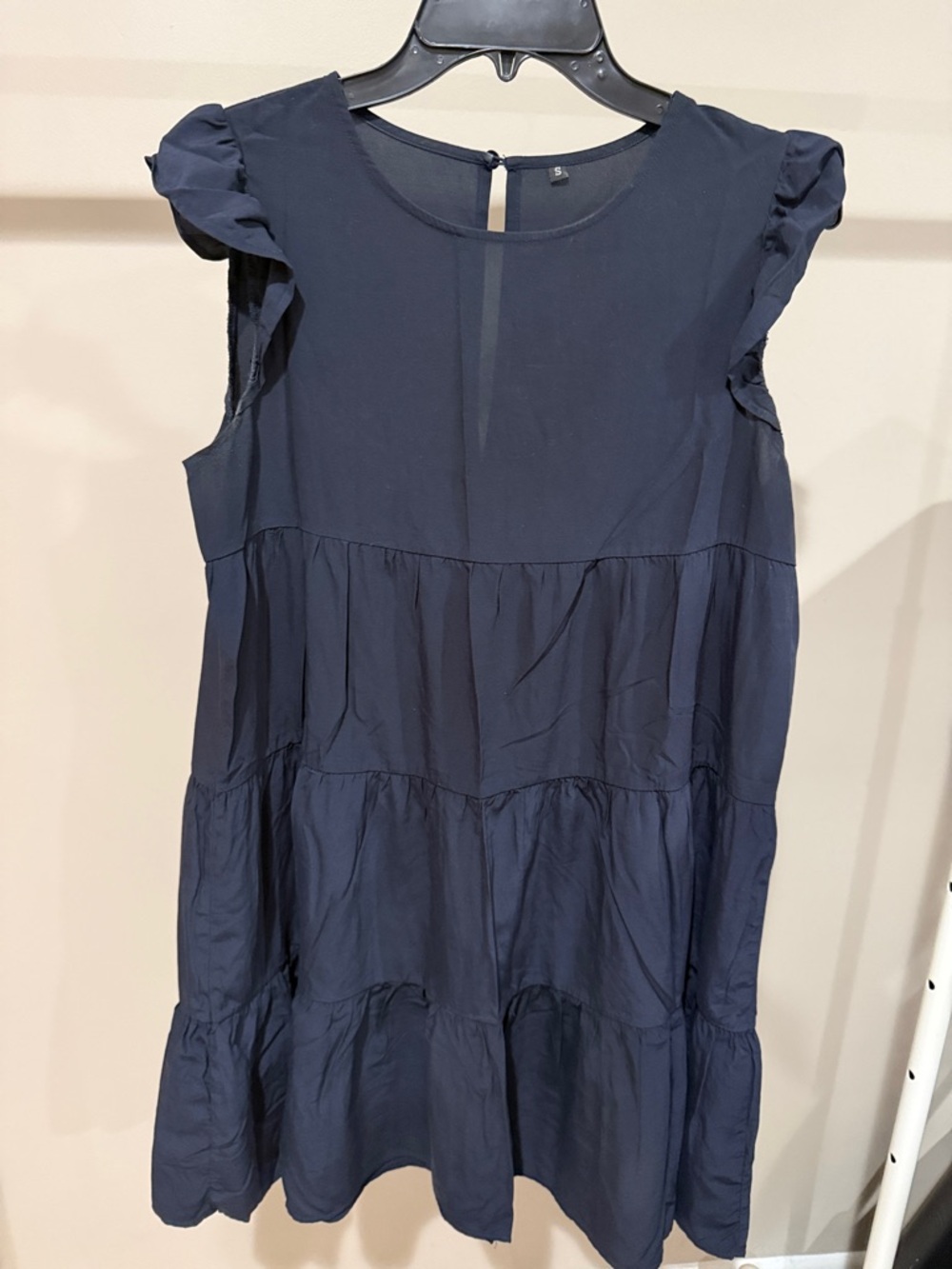 Sleeveless Navy Tiered Casual Dress with Flutter Shoulders